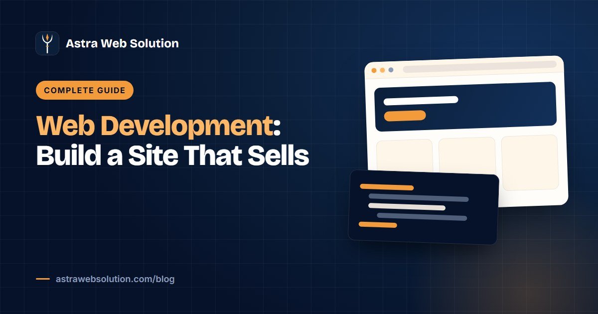 Web development guide by Astra Web Solution showing a responsive website layout and code
